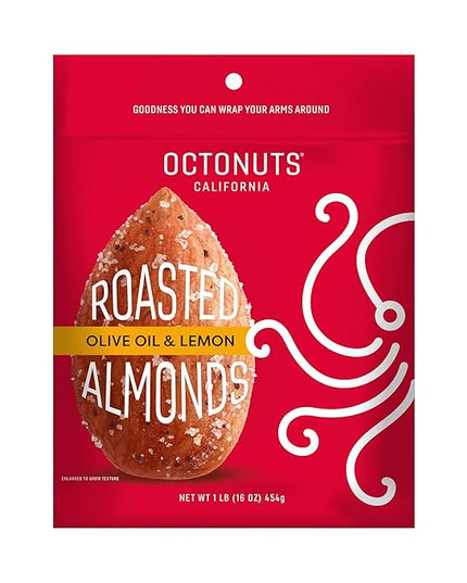 Octonuts Dry Roasted Olive Oil & Lemon Almonds – 16oz Resealable Bag - Healthy Snack for Adults and Kids - Plant Protein with Fiber, Calcium & Iron - Low Carb, Low Calorie - Non-GMO, Gluten Free Snacks