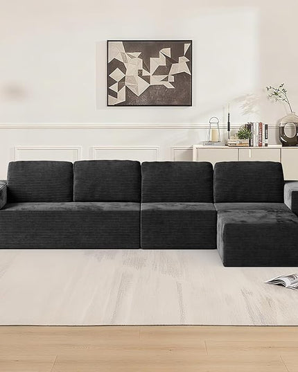 136" Modular Sectional Sofa with L-Shape Chaise, Right/Left Facing Deep Seat Cloud Couch, No Assembly Required, Upholstered Couch for Living Room Bedroom (Black, Plush Corduroy Fabric)