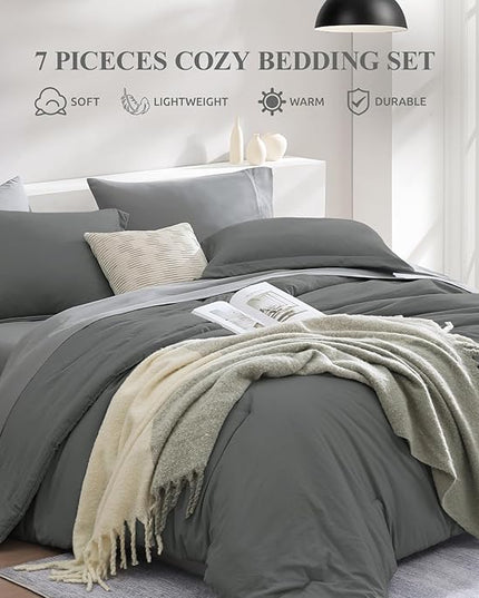 WRENSONGE King Size Comforter Set- 7 Pieces Soft Grey Bed in a Bag with Fitted Sheet, Flat Sheet, 2 Pillow Shams, and 2 Pillowcases- Warm Bedding Set for All Season