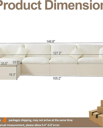 155''Cloud Boneless Sectional Couch, Modular Sectional Sofa Deep Seat with Ottoman, Oversized Upholstered Convertible Comfy 5 Seater Chenille Sofa L Shape Couches for Living Room, Beige