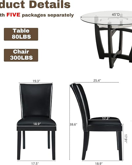 PADMA HOUSE Round Glass Dining Table Set for 6, 45in Modern Kitchen Small Wood Dinner Table with 6 Parsons Leather Dining Chairs 7 Piece Dining Room Table Chair Set, Clear&Black