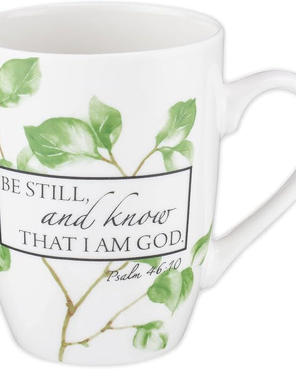 Christian Art Gifts Encouraging Scripture Ceramic Coffee & Tea Mug for Women: Be Still & Know Bible Verse Psalm, Inspirational Microwave/Dishwasher Safe Drinkware, White & Green Leaf Branches, 12 oz.