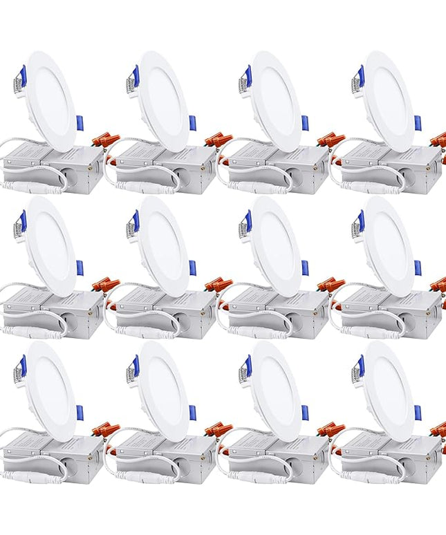 TORCHSTAR 12-Pack 4 Inch Ultra-Thin LED Recessed Lighting with J-Box, 5000K Daylight, 10W Dimmable 700lm Brightness LED Downlight, ETL & Energy Star Listed