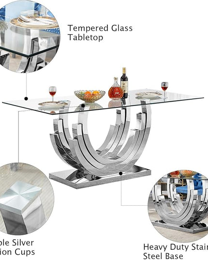 7-Piece Glass Dining Table Set with 6 Upholstered Dining Chairs, Large Dining Table and Chair Set for 6, Modern Glass Kitchen Table Furniture for Dining Room, U Shape and Stainless Steel Pesestal