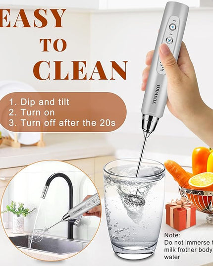 YUSWKO Milk Frother Handheld for Coffee, Rechargeable Drink Mixer with 3 Heads 3 Speeds Electric Coffee Frother Whisk, Gift for Many Occasions and Festival