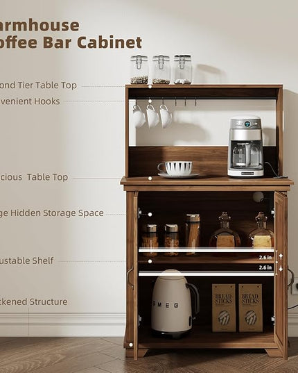 Farmhouse Coffee Bar Cabinet with Storage,31.5" Kitchen Cabinet with Hooks and Charging Station,Coffee Station with Adjustable Shelf and Hutch,Sideboard for Living Dining Room