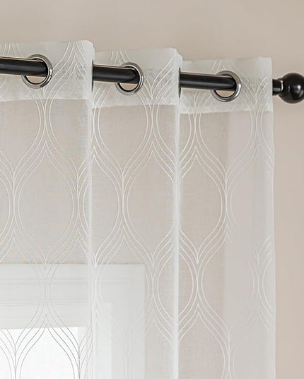 Amazon Basics 2-Piece Embroidery Sheer Curtain Set, Light Filtering Hollow Drapes for Living Room and Bedroom, 42" W × 84" L, White Classic Waves