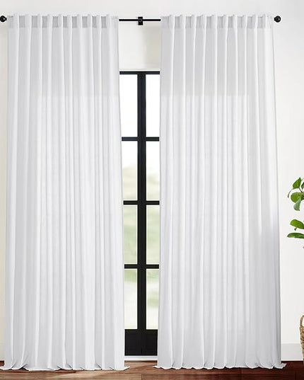 XTMYI Back Tab/Hook Belt Linen Cotton Sheer Curtains for Bedroom White 2 Panels,70 Inch Wide,102 Inch Length