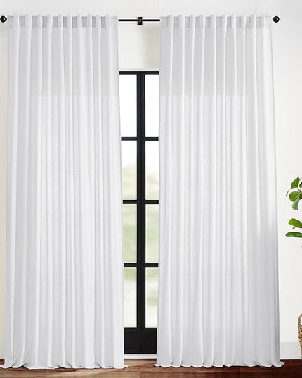 XTMYI 108 Inch Length White 2 Panels Back Tab/Hook Belt Linen Cotton Sheer Curtains for Bedroom,70 Inch Wide