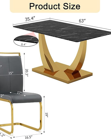 63” Dining Room Table Set for 6,Modern Gold Dining Table Set for 6 with PU Leather Chairs,Black Faux Marble Dinner Table Set with Tempered Glass Top and Golden Base
