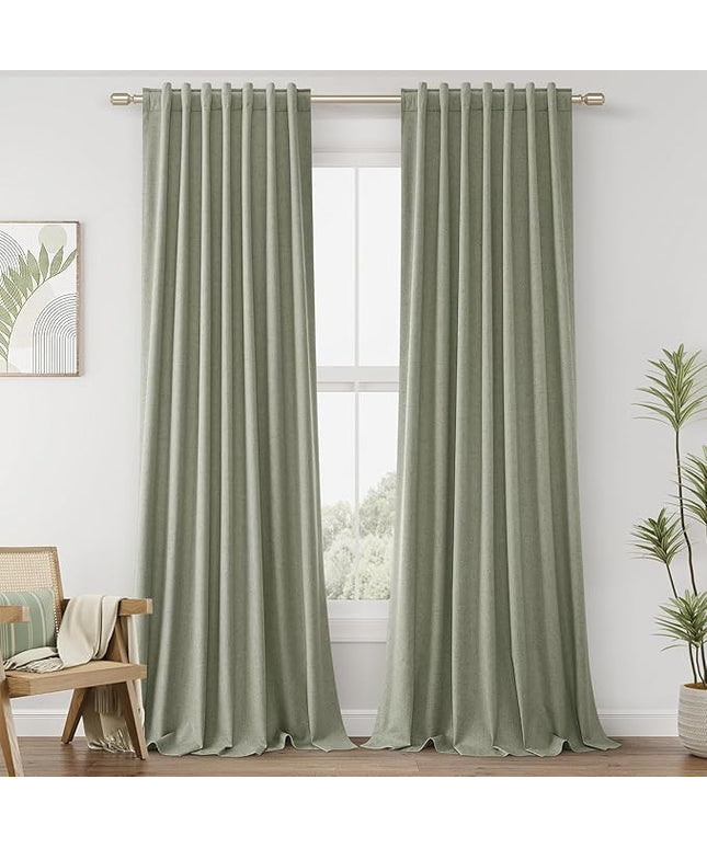 Guken Sage Green Linen Blackout Curtains 126 Inch Length 2 Panels Set for Living Room Bedroom Back Tab Thermal Insulated 100% Black Out Linen Drapes Room Darkening Window Curtains 126 Inches Long