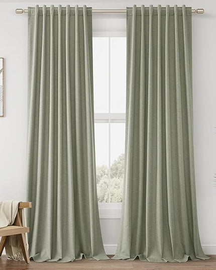 Guken Sage Green Linen Blackout Curtains 105 Inch Length 2 Panels Set for Living Room Bedroom Back Tab Thermal Insulated 100% Black Out Linen Drapes Room Darkening Window Curtains 105 Inches Long