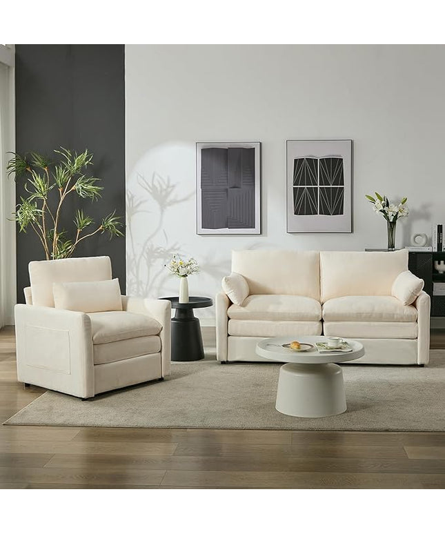 Tbfit Living Room Furniture Set, Loveseat Couch & Accent Chair, Modern Comfy Cloud Sofa Set, Spring Seat Cushions, Chenille Fabric, Beige