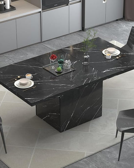 HSH Black Faux Marble Dining Table, 63 inch Modern Dinner Table for 6 Person, Farmhouse Rectanglur Kitchen Table for Living Room, Long Wood Dining Room Tables with strong Pedestal, Black Marble, 63 In