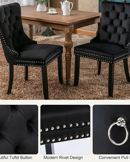 Modern 7-Piece Glass Dining Table Set for 6, Modern 60" Rectangle Black Glass Dining Room Table Set with Black Velvet Tufted Chairs Wood Legs for Kitchen Dining Room