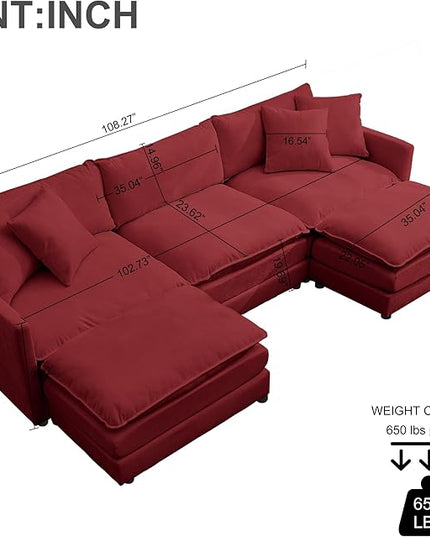 Modular Sectional Sofa,108.27'' Modern Corduroy Sofa Set for Living Room with 3 Seat & 2 Ottoman & 3 Pillows, Comfy Cloud Couches with Movable Ottoman, DIY Combination, Chenille (Wine red, U Shaped)