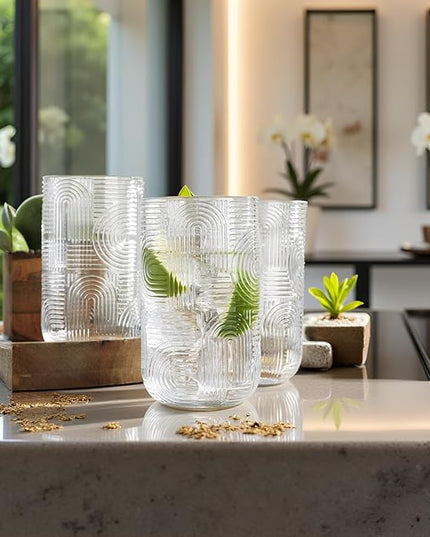Glaver's Drinking Glasses, Highball Glasses, 17 Ounce Thick Embossed Designed, Set of 4 Clear Kitchen Glassware For Everyday Elegant Serving Coolers, Urban Pattern Modern Drinking Glasses