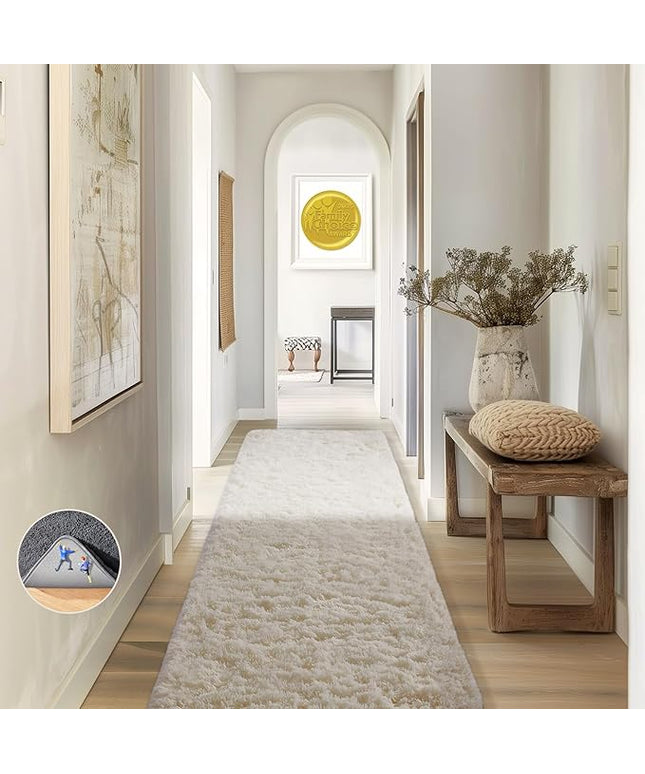 Ophanie 2x8 Runner Rug for Hallway, Upgrade Non-Slip Fluffy Soft Bedside Rugs, Bedroom Living Room Ivory Shaggy Carpet for Kids Girls Boys Dorm Nursery Home Decor Aesthetic