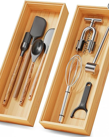 Bamboo Kitchen Drawer Organizer Boxes – 14" x 5" Stackable Wood Silverware Utensil Tray for Drawers, Cutlery & Flatware Storage – Wooden Organizers Set of 2 for Junk Drawer Bins, Bathroom, RV