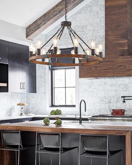 Farmhouse Wagon Wheel Chandelier 31" Black Wooden Chandelier 12-Light Rustic Pendant Light Fixture for Dining Room Living Room Entryway Foyer