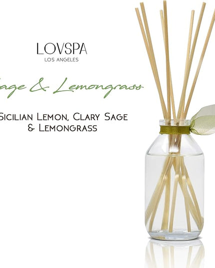 LOVSPA Reed Diffuser Set, Sage & Lemongrass Scented Oil Diffuser with Sticks, Home Fragrance Accessories for Bathroom Shelf Decor, Aroma Diffusers for Home or Office Desk, USA Made