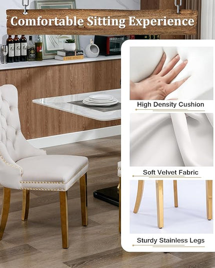 7 Piece Dining Table Set with 6 Beige Dining Chairs, Modern Glass Kitchen Table and Chairs Set for 6, 70" Rectangle Gold Glass Pedestal Dining Room Tables with Flash-Shape Stainless Steel Base