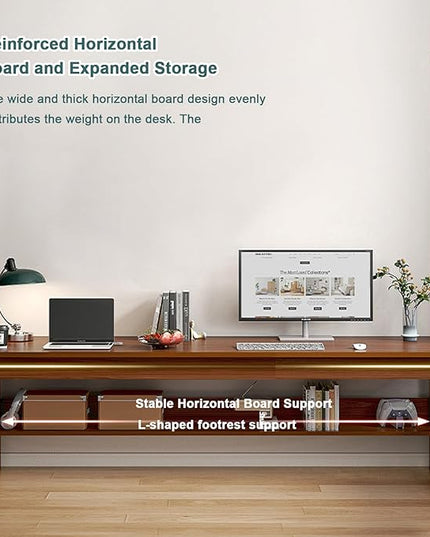 63” Extra Long Home Office Desk with Bookshelf, 2-Person Computer Workstation with Storage Shelf, Solid Wood Work & Study Table for Home Office, Walnut Finish