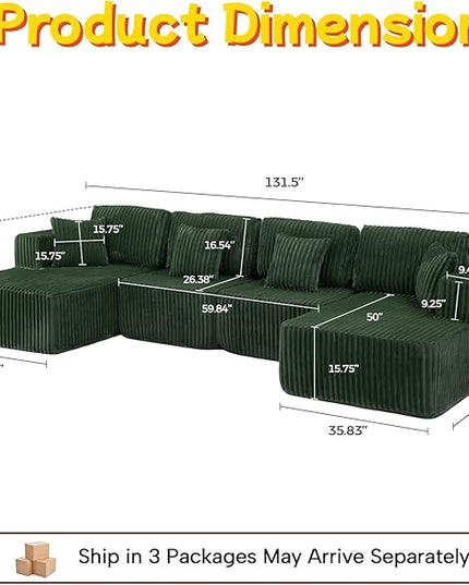 132" U Shaped Boneless Couch, Cloud Sectional Modular Sofa with Double Chaise Lounge, Corduroy Cloud Couch with Pillows & Deep Seat, Boneless Sofa for Living Room, Green