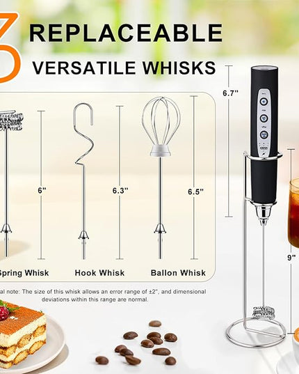 YUSWKO Black Handheld Milk Frother Wand with Stand for Coffee, Rechargeable Electric Whisk with 3 Heads 3 Speeds Drink Mixer Coffee Frother For Latte, Cappuccino, Hot Chocolate, Egg