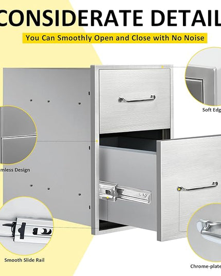 Outdoor Kitchen Drawers 14" W x 21" H x 21" D Flush Mount Double BBQ Drawers with Chrome Handle Stainless Steel Drawer for Outdoor Kitchen Island, Patio Grill Station