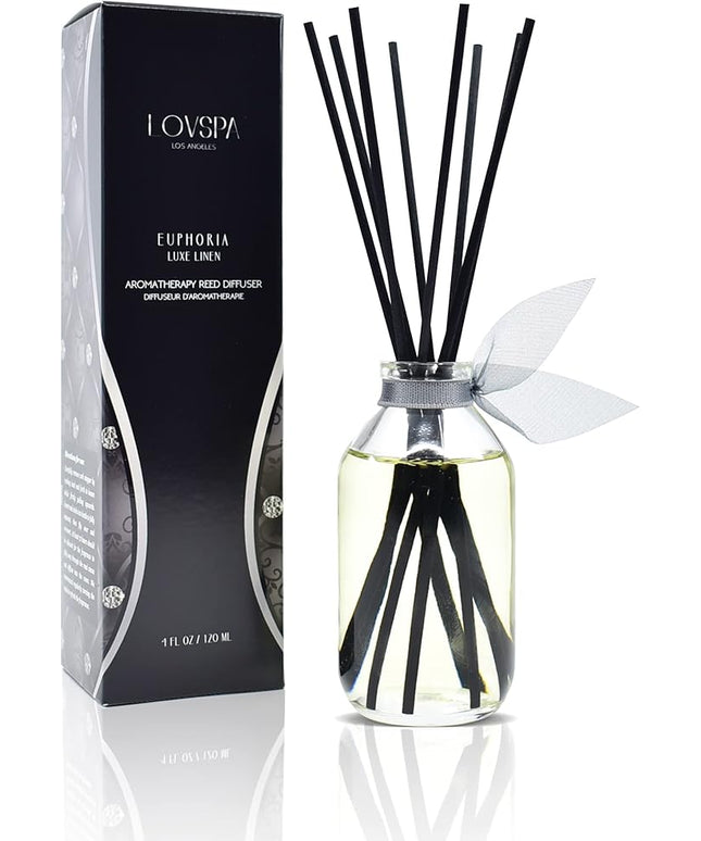 LOVSPA Reed Diffuser Set, Euphoria Luxe Linen Scented Oil Diffuser with Sticks, Home Fragrance Accessories for Bathroom Shelf Decor, Aroma Diffusers for Home or Office Fall Decor, USA Made