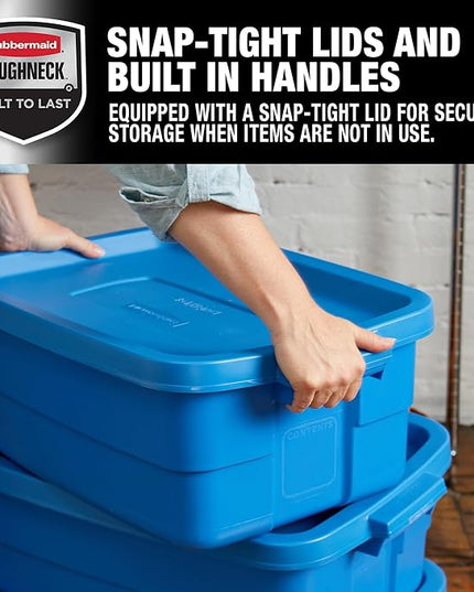 Rubbermaid Roughneck Tote 10 Gal, 6 Pack, Made in USA, Heritage Blue, Rugged Plastic Stackable Storage Bins with Lids and Handles