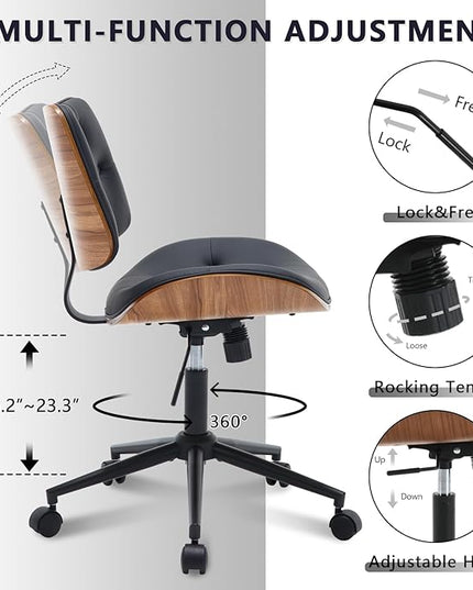 Armless Home Office Chair with Wheels, PU Leather Adjustable Height Computer Desk Chair, 360 Swivel Small No Arms Chair, Modern Button Walnut Style for Office, Reading Meeting Room(Black)
