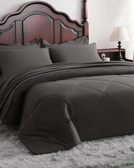 NTBAY Queen Comforter Set with Sheets, 7 Pieces Soft and Breathable Queen Bedding Set, Bed in a Bag, Down Alternative Comforter Set Solid Color All Season, Queen Bedding Set, Dark Grey