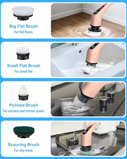 Leebein Electric Spin Scrubber, Cordless Powerful Scrub Brush for Cleaning Bathroom, Kitchen, Shower Tub and Floor Tile with Adjustable Extension Long Handle and 8 Replaceable Brush Heads(Rose)