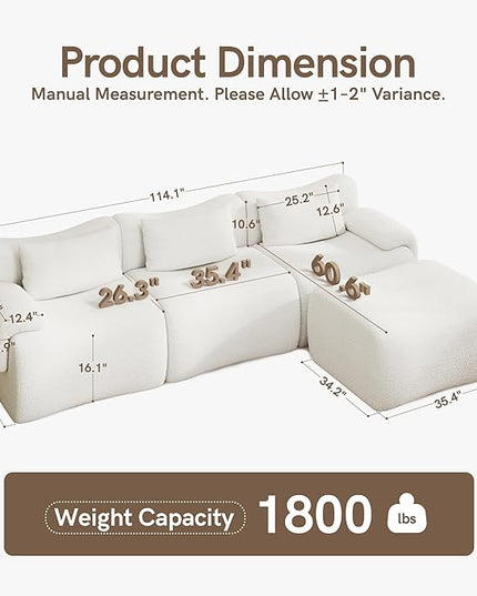 Boneless Couch White Modular Sectional Sofa for Living Room, 114'' L Shaped Compressed Couch in a Box with Ottoman, Modern Comfy 3 Seater Deep Foam Chenille No Assembly Couches for Bedroom