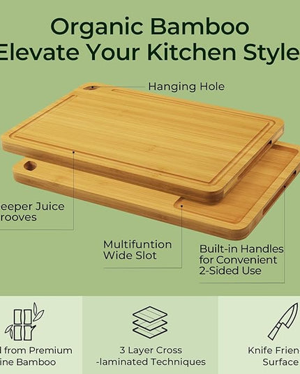 Wood Cutting Board for Kitchen - Reversible Bamboo Cutting Boards Gift Set of 3 with Juice Groove, Wooden Chopping Board for Meat, Fruit, Vegetables & Cheese (Pre Oiled, Natural)