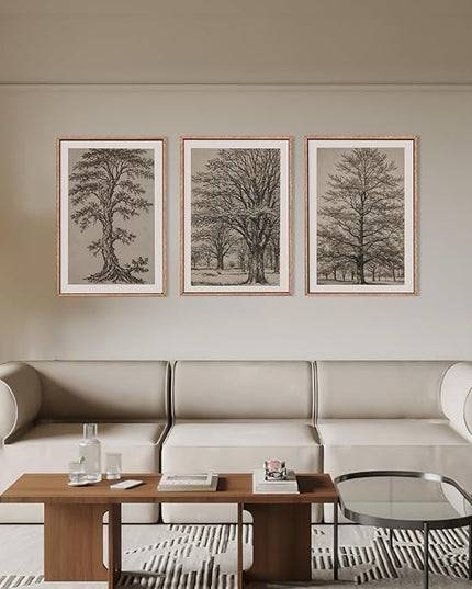 HOURIA Vintage Tree Sketch Framed Canvas Wall Art Set,Natural Brown and Gray Woodland Wall Decor,Mid Century Nature Forest Artwork,Textured Botanical Art Print for Living Room,Bedroom,Office-24"x36"x3