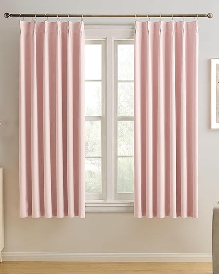 KEQIAOSUOCAI Pinch Pleated Pink Blackout Curtains Short 2 Panels Set 45 Inch Length for Small Windows, Sound & Light Reducing Room Darkening Drape for Bathroom Bedroom(Baby Pink, 2 Panels, W40 x L45)