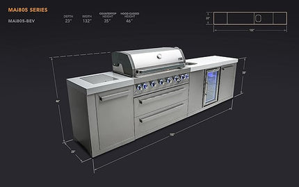 Mont Alpi MAi805-BEV 44-inch 6 Burner 115000 BTU Stainless Steel Modular Outdoor Kitchen Island Barbecue Grill with Beverage Center + White Granite Countertops + Outdoor Rated Refrigerator