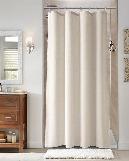 Naturoom 48 Inch Shower Curtain - Stall Narrow Half Green Linen Ultra Thick Fabric Shower Curtains Set with Hooks, Boho Farmhouse Rustic RV Camper Bath Curtains for Bathroom, Light Tan, 48x72