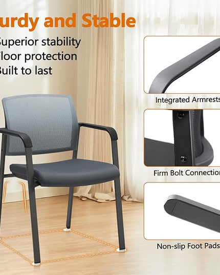 CLATINA Mesh Back Stacking Arm Chairs with Upholstered Fabric Seat and Ergonomic Lumber Support for Office School Church Guest Reception Grey (Gray-4 Pack)