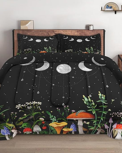 Full Size Comforter Set with 2 Pillowcases, Mushroom Plant Floral 3 Pcs Bedding for Kids and Adults, Flower Summer Moon Night Soft Comforter Set for Bedroom Bed Decor