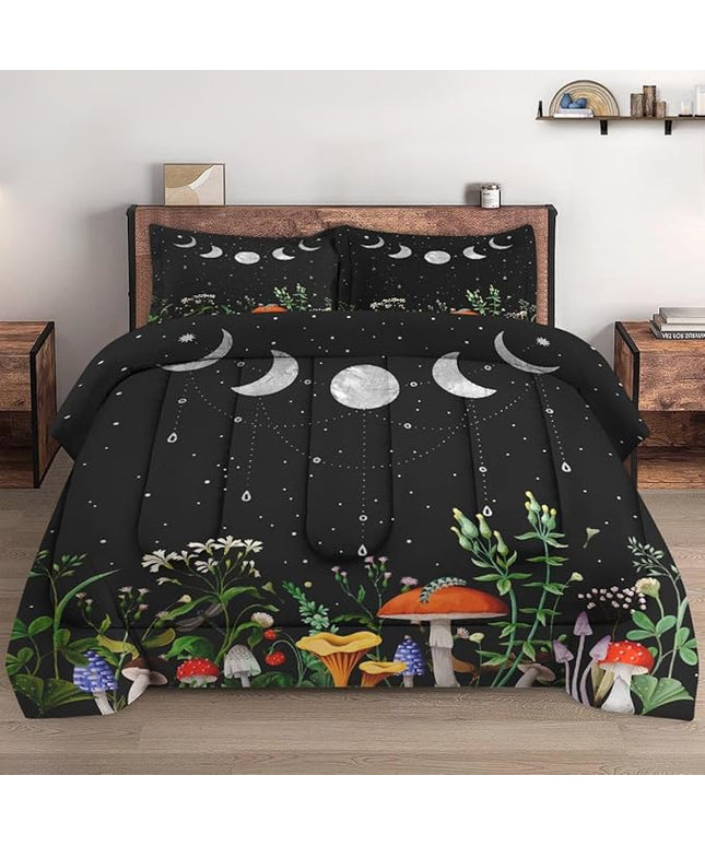 Twin Size Comforter Set with Pillowcase, Mushroom Plant Floral 2 Pcs Bedding for Kids and Adults, Flower Summer Moon Night Soft Comforter Set for Bedroom Bed Decor