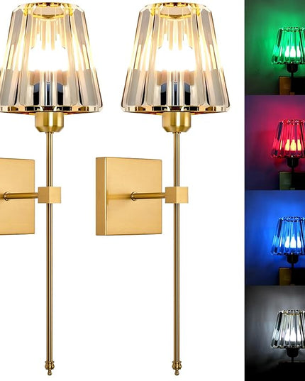 Battery Operated Crystal Wall Sconces Set of 2,Gold Rechargeable Wireless Wall Sconces with USB Dimmable 15 Colors Modes Led Wall Lights, Wall Lamp for Bedroom Living Room Entryway ,2 Bulbs Included