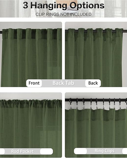 DUALIFE Sage Green Extra Long Sheer Linen Curtain Panels 108 Inches for Living Room Back Tab Rod Pocket Light Filtering Farmhouse Semi Sheer Linen Curtains for Large Tall Window, 52x108 2 Panels