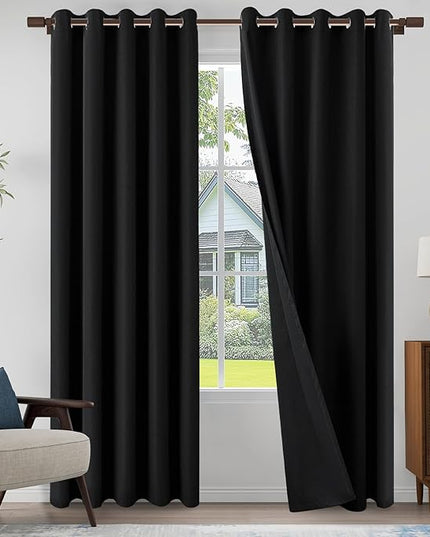 Light Weight Curtains 100% Blackout Linen Textured Curtains 84 Inch Length for Living Room, Bedroom,Full Blackout Curtains with Grommets Top, Black, 66" W x 84" L, 2 Panels