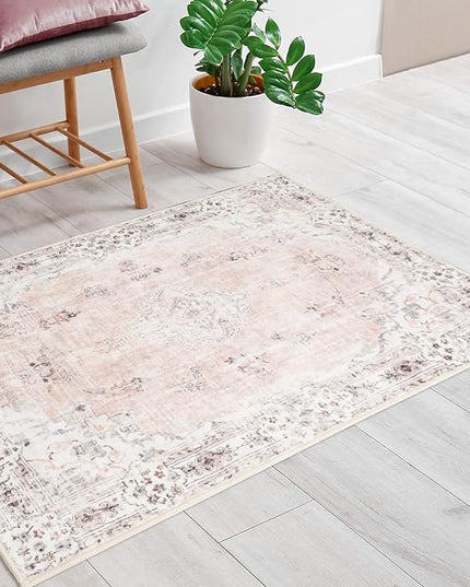 MUJOO Pink Area Rug Small Area Rugs Boho Machine Washable Rugs Non Slip for Entryway Kitchen Bathroom Bedroom Vintage Soft Low-Pile 2'x3' Flowers