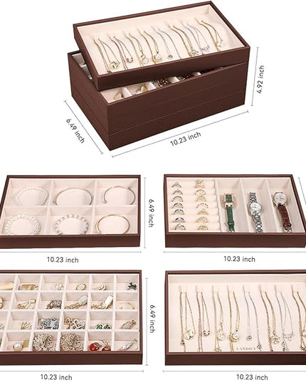 LANDICI Stackable Jewelry Organizer Trays 4 Set,PU Leather Jewelry Organizer Drawer,Jewelry Storage Display Tray for Earring Necklace Rings Bracelet with Removable Dividers,Coffee