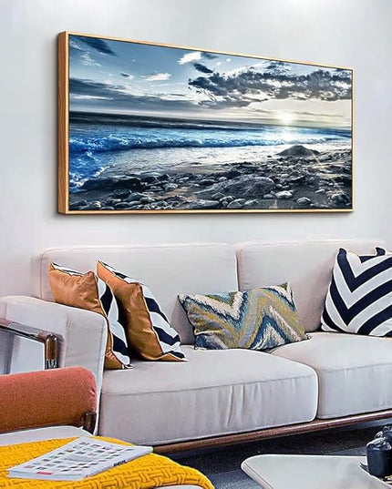 Wood Framed Wall Art For Living Room Large Size Wall Decor For Office Modern Bedroom Wall Decor Blue Beach Sun Ocean Landscape Wall Paintings Seascape Framed Pictures Artwork Home Decor 30" X 60"
